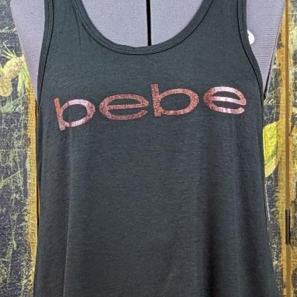 bebe Sequin Logo Tank - Black with Pinkish Copper Sequins - Small - Picture 3 of 3
